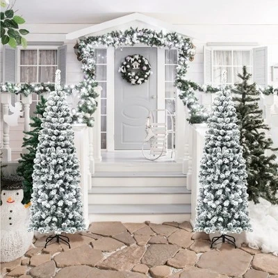 Costway 4.5/6/7.5 Ft Unlit Hinged Snow Flocked Artificial Pencil Christmas Tree With 242/500/641 Branch 6 Costway 4.5/6/7.5 Ft Unlit Hinged Snow Flocked Artificial Pencil Christmas Tree With 242/500/641 Branch - Image 4