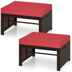 Costway 2 PCS Patio PE Rattan Ottomans With Soft Zippered Cushions For Deck Outdoor White/Navy/Red/Turquoise -Costway GUEST 6d2cc1ba 06fb 40ea ab6b 53ad01dfe2eb