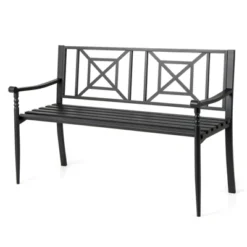 Costway Patio Garden Bench Steel Frame Park Yard Outdoor Furniture Porch Chair Black