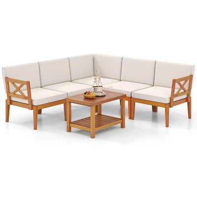 Costway 6 PCS Acacia Wood Patio Furniture Set With Cushions And 2-Tier Coffee Table 3 Costway 6 PCS Acacia Wood Patio Furniture Set With Cushions And 2-Tier Coffee Table