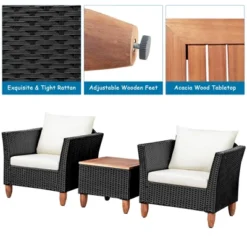 Costway 3 PCS Outdoor Patio Rattan Bistro Furniture Set Wooden Table Top Cushioned Sofa Black Brown -Costway GUEST 6ea24e04 c53d 48a3 ba91 7d06502dd50b