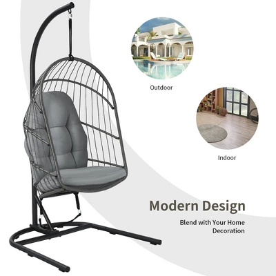 Costway Hanging Wicker Egg Chair W/ Stand Cushion Foldable Outdoor Indoor 10 Costway Hanging Wicker Egg Chair W/ Stand Cushion Foldable Outdoor Indoor - Image 8