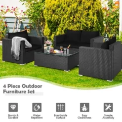 Costway 4PCS Patio Rattan Furniture Set Cushioned Sofa Chair Coffee Table Black -Costway GUEST 6fc6defa f099 445b a1e4 edc0cb245347