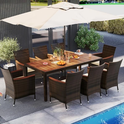 Costway 9PCS Patio Rattan Dining Set Armrest Cushioned Chair With Acacia Wood Table, 1.96" Umbrella Hole 3 Costway 9PCS Patio Rattan Dining Set Armrest Cushioned Chair With Acacia Wood Table, 1.96" Umbrella Hole