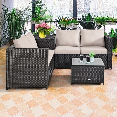 Costway 4PCS Outdoor Patio Rattan Furniture Set Cushioned Loveseat Storage Table 3 Costway 4PCS Outdoor Patio Rattan Furniture Set Cushioned Loveseat Storage Table