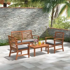 Costway 4 PCS Outdoor Furniture Set With Soft Seat Cushions Stable Acacia Wood Frame White/Navy/Gray -Costway GUEST 7103f382 f007 47dd 8a14 a5e55c45745f