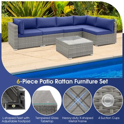Costway 6 PCS Patio Conversation Sofa Set Outdoor Rattan Furniture Cushioned Seat Navy 7 Costway 6 PCS Patio Conversation Sofa Set Outdoor Rattan Furniture Cushioned Seat Navy - Image 5