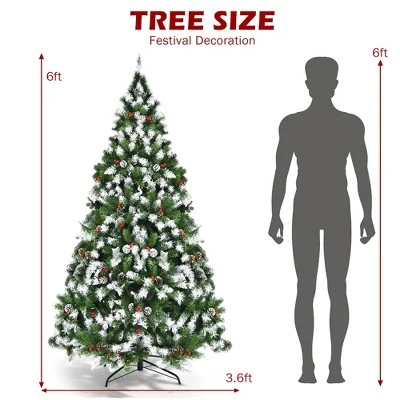 Costway 6ft7.5ft9ft Pre-lit Snowy Christmas Tree 81813982058 Tips W/ Pine Cones & Red Berries 4 Costway 6ft7.5ft9ft Pre-lit Snowy Christmas Tree 81813982058 Tips W/ Pine Cones & Red Berries - Image 2