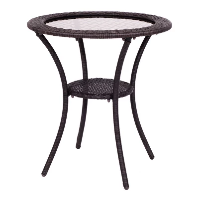 Costway Round Rattan Wicker Coffee Table Glass Top Steel Frame Patio Furni W/Lower Shelf 4 Costway Round Rattan Wicker Coffee Table Glass Top Steel Frame Patio Furni W/Lower Shelf - Image 2