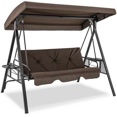 Costway 3-Seat Patio Porch Swing WithAdjustable Canopy Soft Seat Back Cushions Side Tables Brown/Grey 5 Costway 3-Seat Patio Porch Swing WithAdjustable Canopy Soft Seat Back Cushions Side Tables Brown/Grey - Image 3