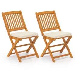Costway Outdoor Folding Chairs Set Of 2 Acacia Wood High-Back Chair With Seat Cushions Beige/Red/Navy -Costway GUEST 741053f4 4a3b 4195 8cae 2fd247c4267a