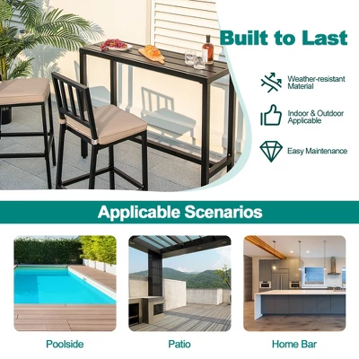 Costway 3PCS Outdoor Metal Bar Table & Chairs Set Patio Dining Table Set With Cushion 5 Costway 3PCS Outdoor Metal Bar Table & Chairs Set Patio Dining Table Set With Cushion - Image 3