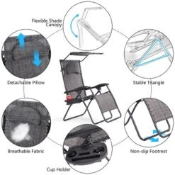 Costway Folding Recliner Zero Gravity Lounge Chair W/ Shade Canopy Cup Holder Gray -Costway GUEST 74884276 5874 471a be9d f8ace9d0b126