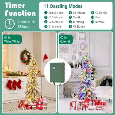 Costway 4 FT/5FT/6FT Pre-Lit Slim Christmas Tree Flocked Xmas Decoration 11 Modes 100 LED Lights 7 Costway 4 FT/5FT/6FT Pre-Lit Slim Christmas Tree Flocked Xmas Decoration 11 Modes 100 LED Lights - Image 5
