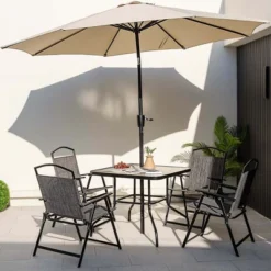 Costway Patio Dining Set For 4 Folding Chairs & Dining Table Set With Umbrella Hole