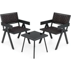 Costway 3 PCS Patio Wicker Chair Set, Rattan Furniture Set With Quick Dry Foam Padding