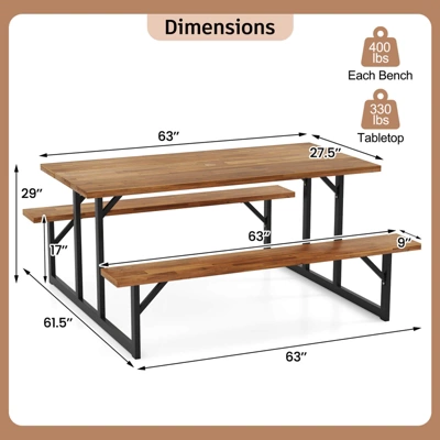 Costway 6-Person Acacia Wood Picnic Table With 2 Built-In Benches Umbrella Hole Metal Frame 4 Costway 6-Person Acacia Wood Picnic Table With 2 Built-In Benches Umbrella Hole Metal Frame - Image 2