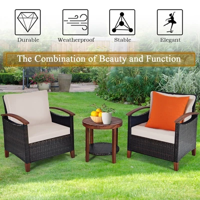 Costway 3PCS Patio Wicker Sofa Set Acacia Wood Frame With Beige &Turquoise Cushion Covers 7 Costway 3PCS Patio Wicker Sofa Set Acacia Wood Frame With Beige &Turquoise Cushion Covers - Image 5