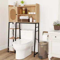 Costway Over The Toilet Storage Cabinet Space-saving Toilet Organizer With PE Rattan Door