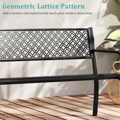 Costway 50" Outdoor Garden Bench With Geometric Lattice Backrest Armrests And Slatted Seat Black/Gray 7 Costway 50" Outdoor Garden Bench With Geometric Lattice Backrest Armrests And Slatted Seat Black/Gray - Image 5