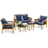 Costway 5PCS Outdoor Rattan Woven Conversation Set Stable Acacia Wood Frame For Backyard Navy/Beige