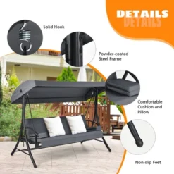 Costway Patio 3-Seat Porch Canopy Swing Converting Grey Cushion Pillow Adjust -Costway GUEST 783047e0 a74b 4a6d 8382 1407261817c4