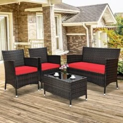 Costway 4PCS Outdoor Patio Rattan Furniture Set Table Shelf Sofa W/ Turquoise/Red/Gray Cushion -Costway GUEST 785afbc9 63ea 49d5 b06f f14a7bd83a3d
