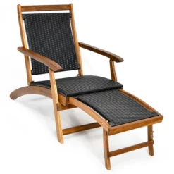 Costway Patio Folding Rattan Lounge Chair Wooden Frame W/ Retractable Footrest