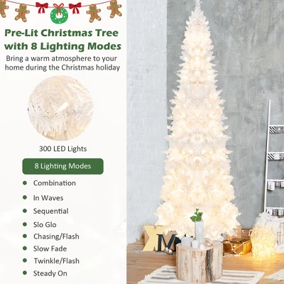Costway 7FT Pre-Lit Hinged Pencil Christmas Tree White W/ 300 LED Lights & 8 Flash Modes 7 Costway 7FT Pre-Lit Hinged Pencil Christmas Tree White W/ 300 LED Lights & 8 Flash Modes - Image 5