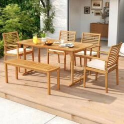 Costway 6PCS Outdoor Acacia Wood Dining Set Rectangle Dining Table With 4 Chairs & Bench -Costway GUEST 79c0c287 c36f 4083 be1f 8c3aed997405