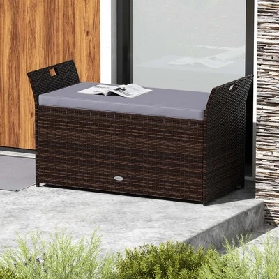 Costway Outdoor Bench With Hand-woven PE Rattan Wicker Cushion & Side Handles Storage Gray/Brown 3 Costway Outdoor Bench With Hand-woven PE Rattan Wicker Cushion & Side Handles Storage Gray/Brown