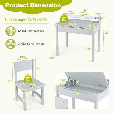 Costway Toddler Craft Table & Chair Set Kids Art Crafts Table WithPaper Roll Holder Grey/White 11 Costway Toddler Craft Table & Chair Set Kids Art Crafts Table WithPaper Roll Holder Grey/White - Image 9
