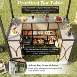 Costway 3 PCS Patio Bar Set With Tempered Glass Bar Table Metal Storage Shelves For Garden Brown/Grey -Costway GUEST 7a6f7d75 2156 4dee 9253 55c398993528