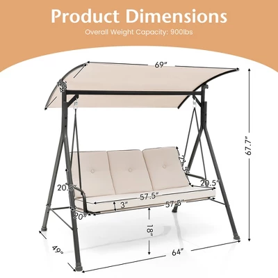 Costway 3-Person Hammock Chair Patio Porch Swing With Adjustable Canopy, Removable Cushion 6 Costway 3-Person Hammock Chair Patio Porch Swing With Adjustable Canopy, Removable Cushion - Image 4