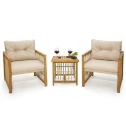 Costway 3PCS Patio PE Wicker Conversation Set Acacia Wood Frame WithSeat & Back Cushions -Costway GUEST 7ba25f43 89b6 4955 8234 ec984314fc7e