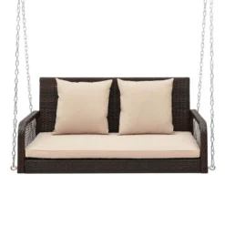 Costway Patio Wicker Porch Swing 2-Person Hanging Loveseat Bench Chair With Cushions Beige/Black -Costway GUEST 7bc39c40 10aa 4032 80da 49d620fcdc07