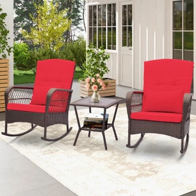 Costway 3 PCS Patio Rocker Set Outdoor Wicker Rocking Chairs With Double-Layer Coffee Table Gray/Navy/Beige/Red 15 Costway 3 PCS Patio Rocker Set Outdoor Wicker Rocking Chairs With Double-Layer Coffee Table Gray/Navy/Beige/Red - Image 13