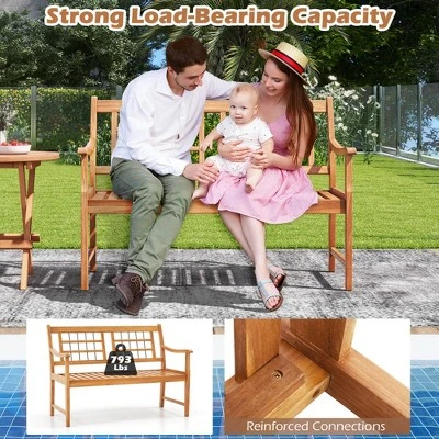 Costway Outdoor Acacia Wood Bench 2-Person Patio Bench With Slatted Seat & Backrest 10 Costway Outdoor Acacia Wood Bench 2-Person Patio Bench With Slatted Seat & Backrest - Image 8