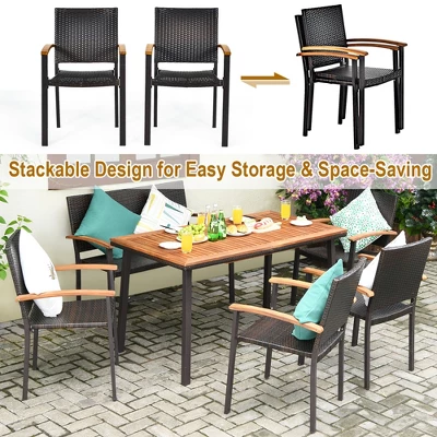 Costway 6 PCS Patio Rattan Dining Set Acacia Wood Table Stackable Chair Bench 7 Costway 6 PCS Patio Rattan Dining Set Acacia Wood Table Stackable Chair Bench - Image 5