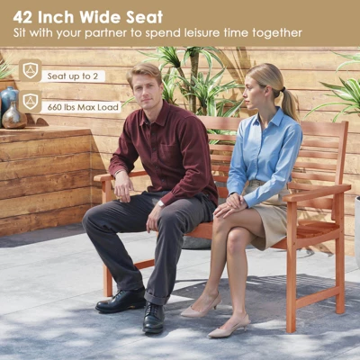 Costway Patio Solid Wood Loveseat With Inclined Backrest & Slatted Seat Teak Painting 8 Costway Patio Solid Wood Loveseat With Inclined Backrest & Slatted Seat Teak Painting - Image 6