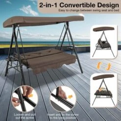 Costway 3-Seat Patio Porch Swing WithAdjustable Canopy Soft Seat Back Cushions Side Tables Brown/Grey 17 Costway 3-Seat Patio Porch Swing WithAdjustable Canopy Soft Seat Back Cushions Side Tables Brown/Grey -Costway GUEST 7db840ba 26c9 4ad0 a9b0 96c8937dc58e
