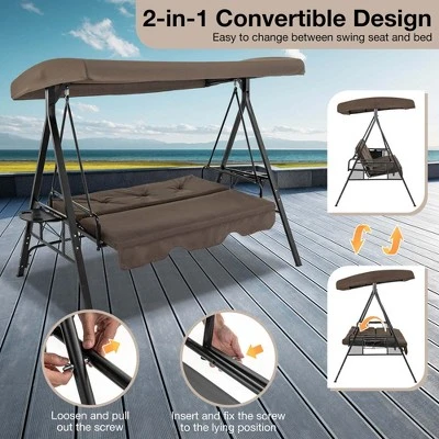Costway 3-Seat Patio Porch Swing WithAdjustable Canopy Soft Seat Back Cushions Side Tables Brown/Grey 7 Costway 3-Seat Patio Porch Swing WithAdjustable Canopy Soft Seat Back Cushions Side Tables Brown/Grey - Image 5