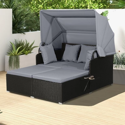 Costway Patio Rattan Daybed Lounge Retractable Top Canopy Side Tables Cushions 5 Costway Patio Rattan Daybed Lounge Retractable Top Canopy Side Tables Cushions - Image 3