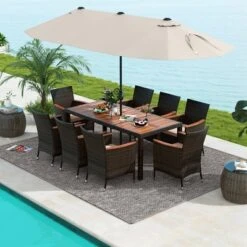 Costway 11 PCS Patio Dining Set With 15ft Double-Sided Patio Umbrella (Base Included) Beige/Coffee/Navy/Orange/Wine/Grey
