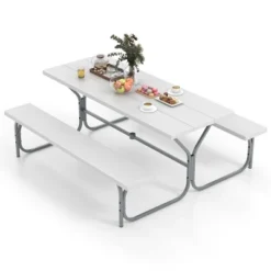 Costway 6 FT Picnic Table Bench Set Outdoor Dining Table & 2 Benches With Metal Frame Green/White/Black/Grey -Costway GUEST 7e7fb92f d167 4f1a ba55 5f9f8dc2803a