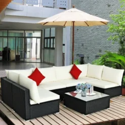 Costway 7PCS Patio Rattan Sofa Set Sectional Conversation Furniture Set Garden Beige/Navy/Gray -Costway GUEST 7f016f87 ff96 4659 8920 c794404a7015