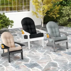 Costway Adirondack Chair HIPS Adirondack Chair With Cup Holder & Cushion Black/Green/Navy/Grey/White/Yellow