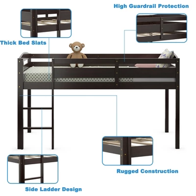 Costway Twin Low Loft Bunk Junior Bed Bedroom Wooden Guard Rail Ladder White/Espresso/Grey 10 Costway Twin Low Loft Bunk Junior Bed Bedroom Wooden Guard Rail Ladder White/Espresso/Grey - Image 8