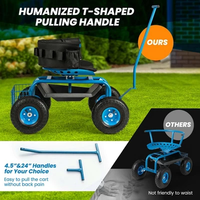 Costway Rolling Garden Cart Outdoor Gardening Workseat WithAdjustable Height &Tool Storage Green/Blue/Red 8 Costway Rolling Garden Cart Outdoor Gardening Workseat WithAdjustable Height &Tool Storage Green/Blue/Red - Image 6