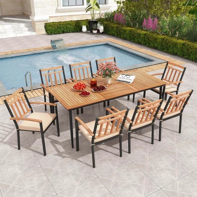 Costway 9 PCS Patio Dining Set 79" Rectangle Dining Tables With 8 Wooden Armchairs 9 Costway 9 PCS Patio Dining Set 79" Rectangle Dining Tables With 8 Wooden Armchairs - Image 7